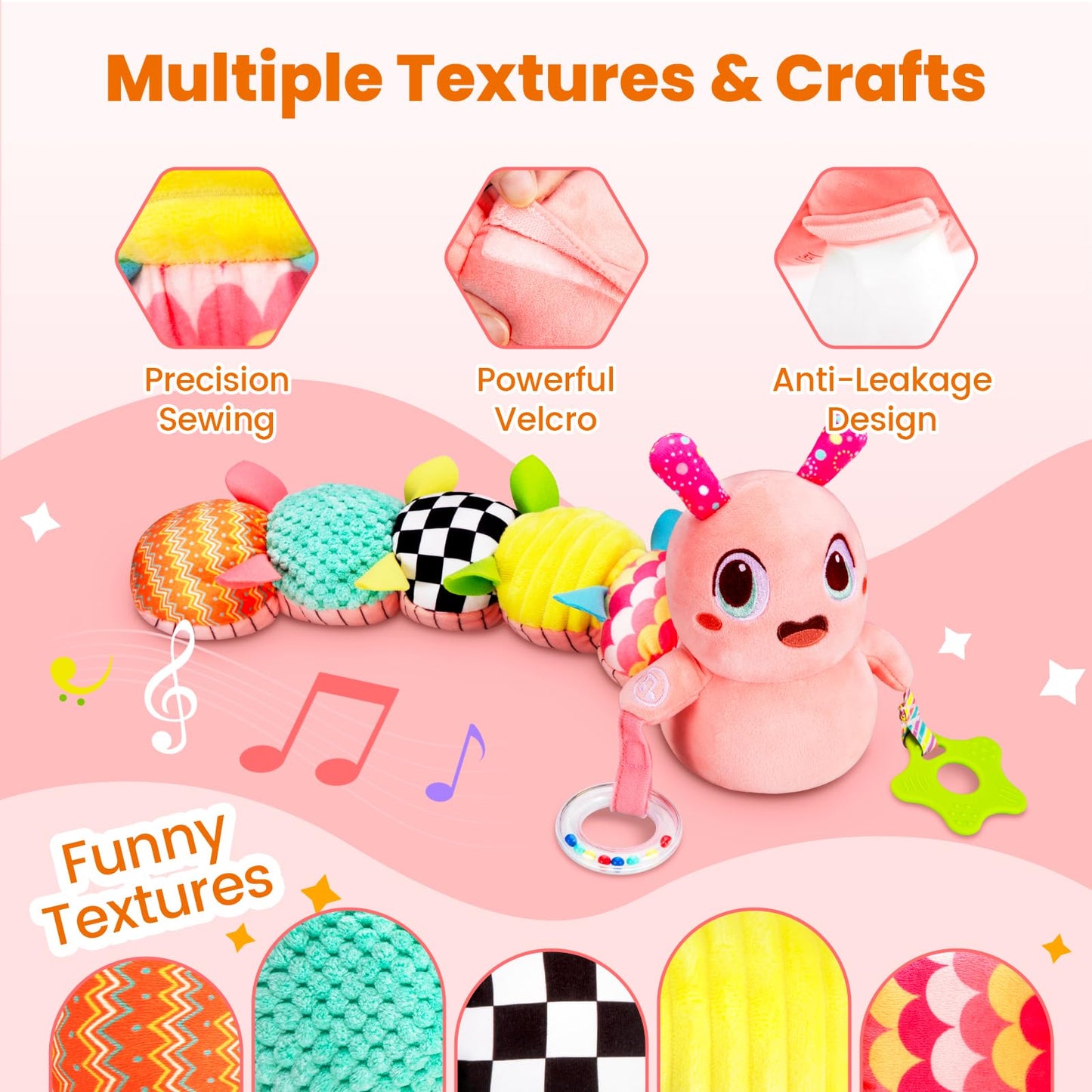 Baby Toys 0-6 Months, Washable Baby Musical Caterpillar Toys with 10 Children's Songs,Rattles,Teething Toys,Suitable for 0-6, 6-12 Months Infant Tummy Time Toy,Newborn Baby Boy&Gril Gifts(Light Pink)