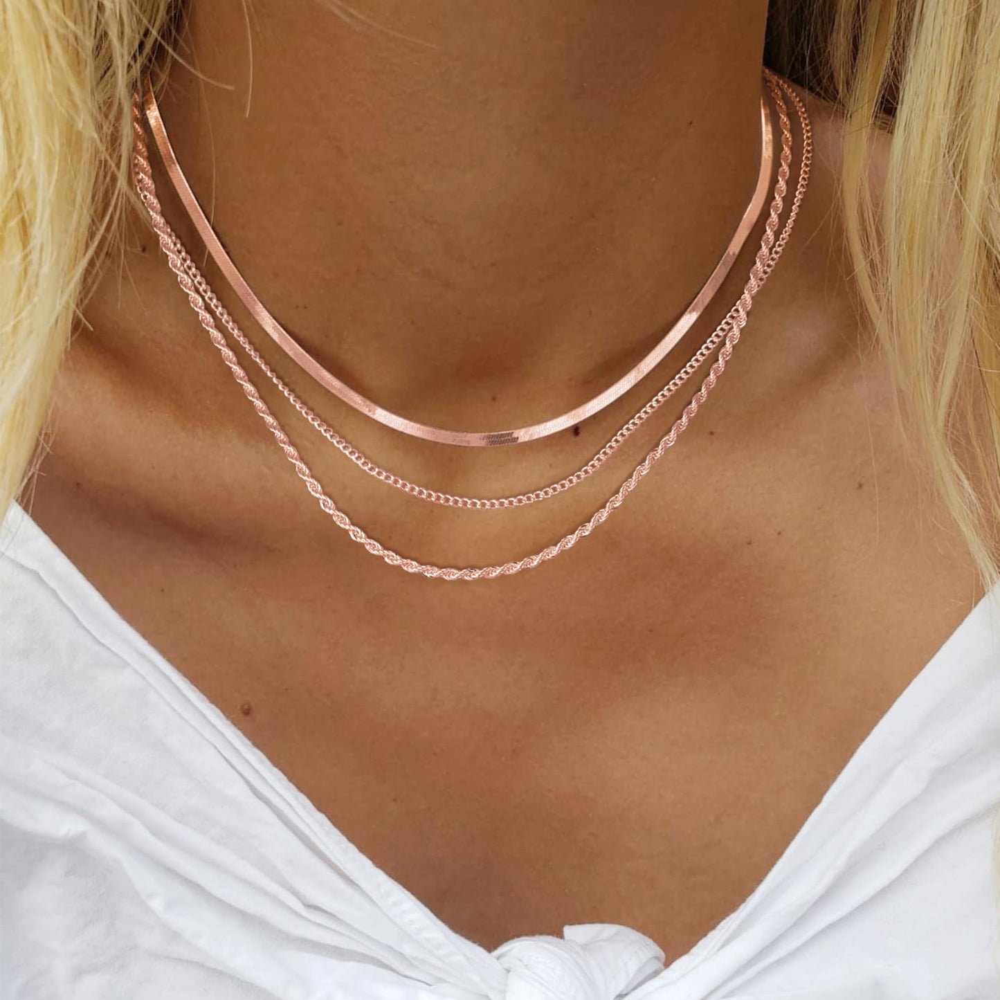 Freekiss Rose Gold Layered Necklaces for Women: Dainty Herringbone Rope Cuban Link Chain Necklace Set, 14K Rose Gold Plated, Non-Tarnish, Simple, Perfect for Layering, Gifts, and Daily Wear