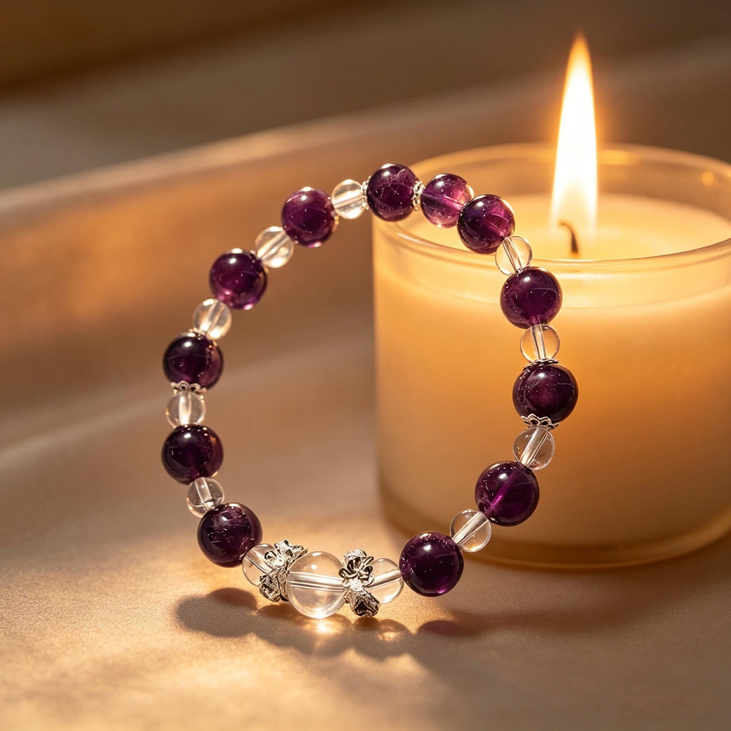 Natural Amethyst & Clear Quartz Beaded Bracelet, Healing Crystal Stretch Bracelet for Women Men Amethyst Clear Quartz Crystal Bracelet, Calming Positive Energy Gemstone Bracelet for Spiritual Healing