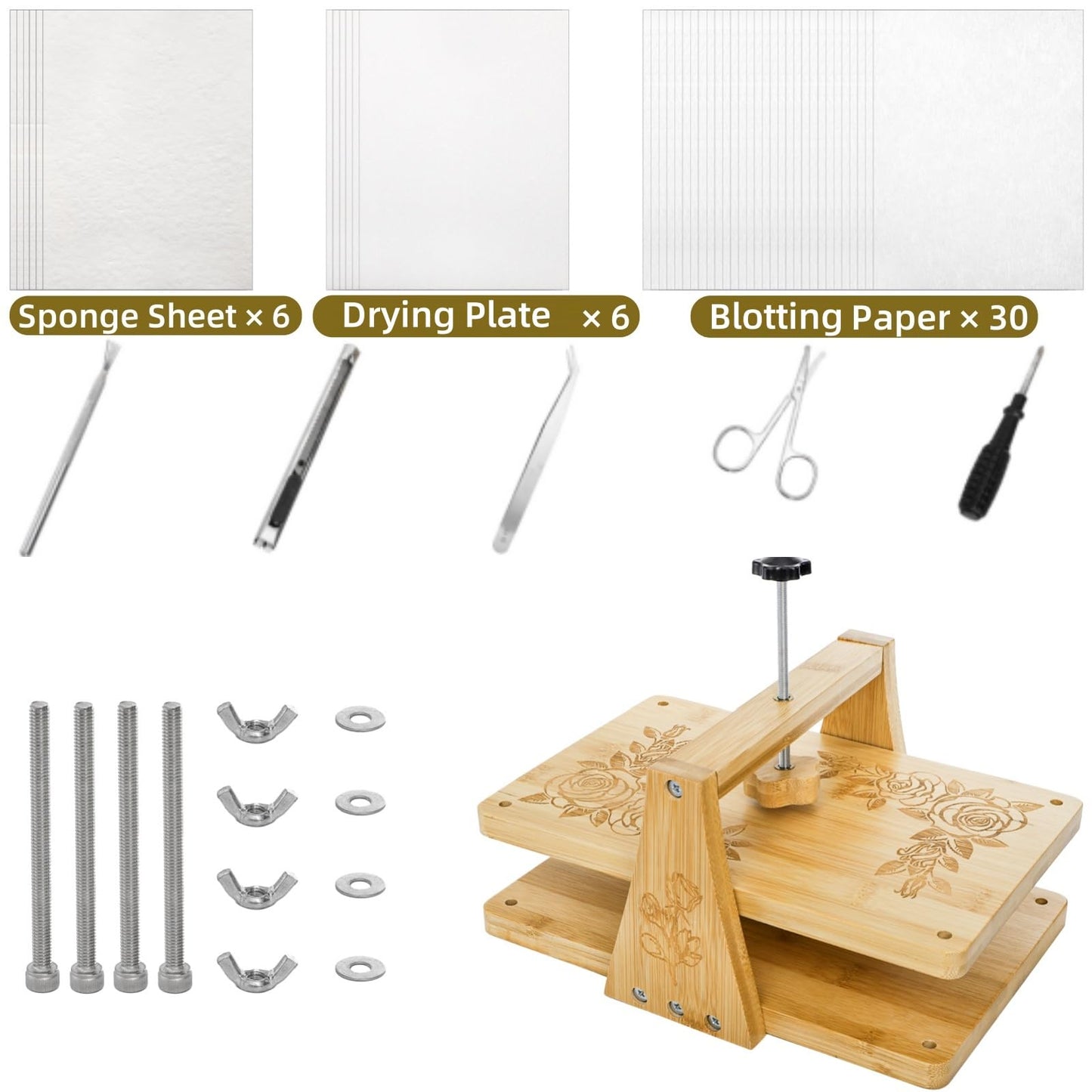 Pumtus Large Flower Press Kit, 6 Layers 11" x 7" Leaf Plant Preservation Kits, Even Pressure DIY Bamboo Floral Pressing Kit, Easy Pressed Arts and Craft Tool for Wedding Flower Preserve, DIY Lovers