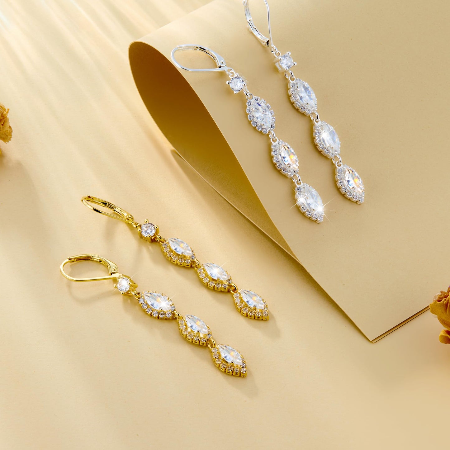 Long Gold Drop Earrings, ALEXCRAFT 14K Gold Zirconia Dangle Leverback Earrings for Women Trendy Hypoallergenic Sterling Silver Lightweight Long Dangling Teardrop Earring Brides Engagement Wedding