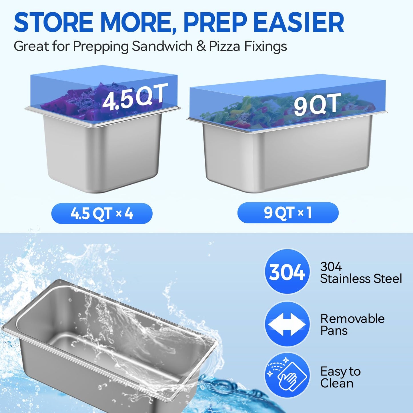 Capeivan Commercial Salad Bar Refrigerator with 3×1/3 GN Pans - 170W Countertop Refrigerated Display Case for Sandwich Prep, Cold Buffet & Portable Food Storage (0-12℃/32-53.6℉, Stainless Steel)