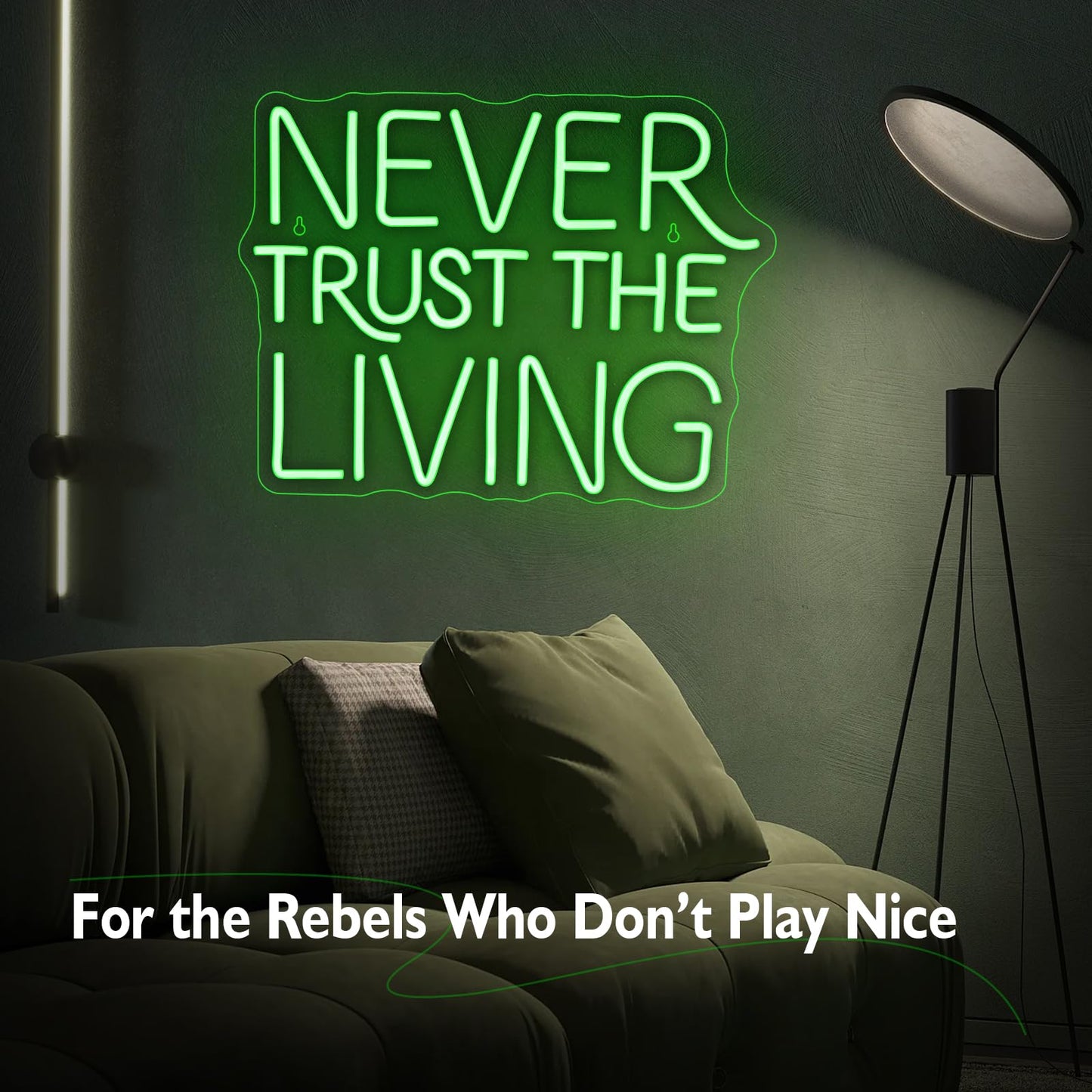 NEVER TRUST THE LIVING LED Neon Sign - 16.5 × 12.6" LED Green Gothic Wall Decor for Halloween, Bedroom, Bar, Horror Movie Theme, Spooky Aesthetic Room Decor, USB Powered