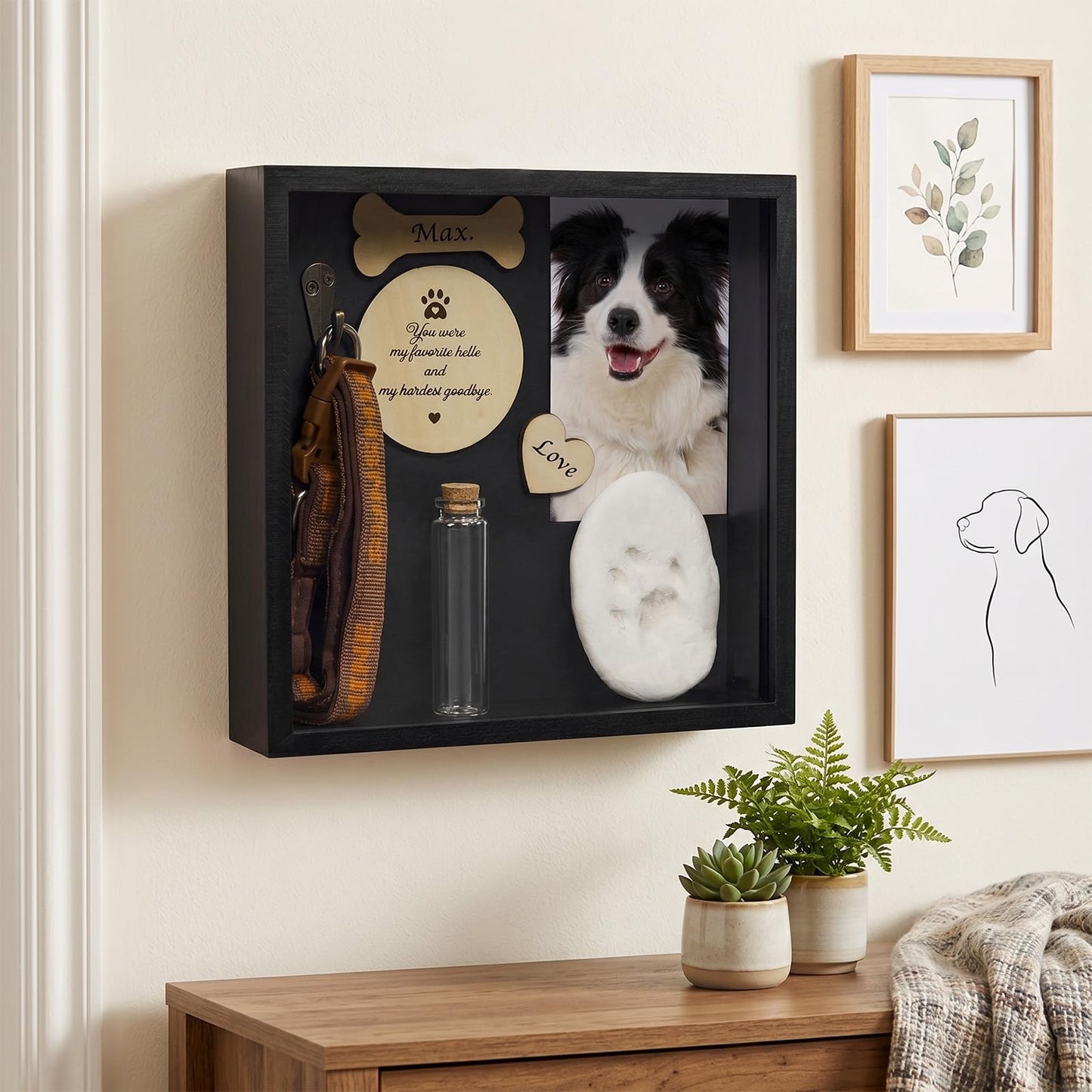 Beech Wood Pet Memorial Shadow Box with Custom Wooden Nameplate, Large Paw Print Ink Pad Kit & Dog Paw Keepsake Keychain, Pet Ashes Fur Jar Sympathy Gift for Dog & Cat Lovers,Black