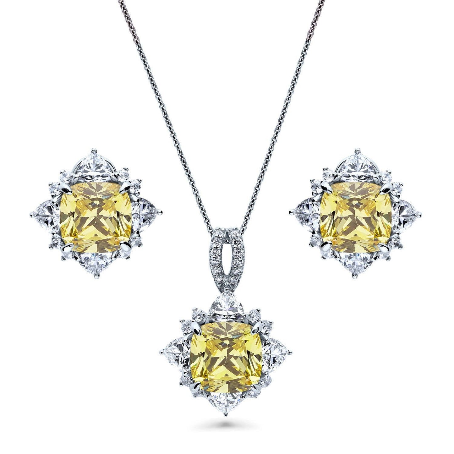 BERRICLE Sterling Silver Halo Canary Yellow Cushion Cut Cubic Zirconia CZ Flower Fashion Necklace and Earrings Set for Women, Rhodium Plated