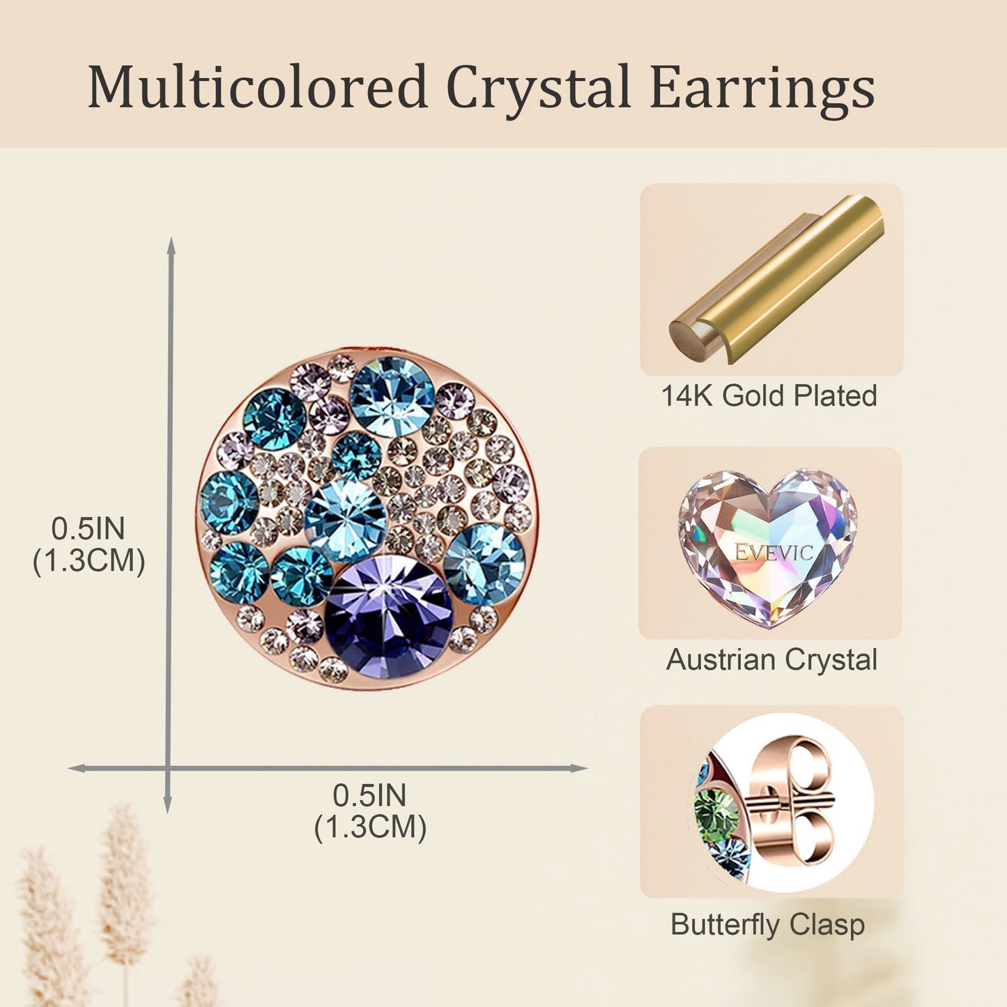 Multicolored Austrian Crystal Rhinestone Stud Earrings for Women Fashion S925 Sterling Silver Hypoallergenic Jewelry (Purple Main Crystal/Rose Gold-tone)