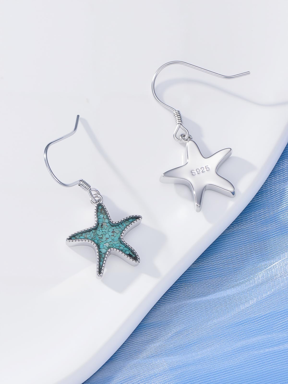 HPQQ Starfish Earrings 925 Sterling Silver Turquoise Starfish Dangle Earrings Ocean Beach Themed Jewelry Mother's Day Jewelry Gifts for Women