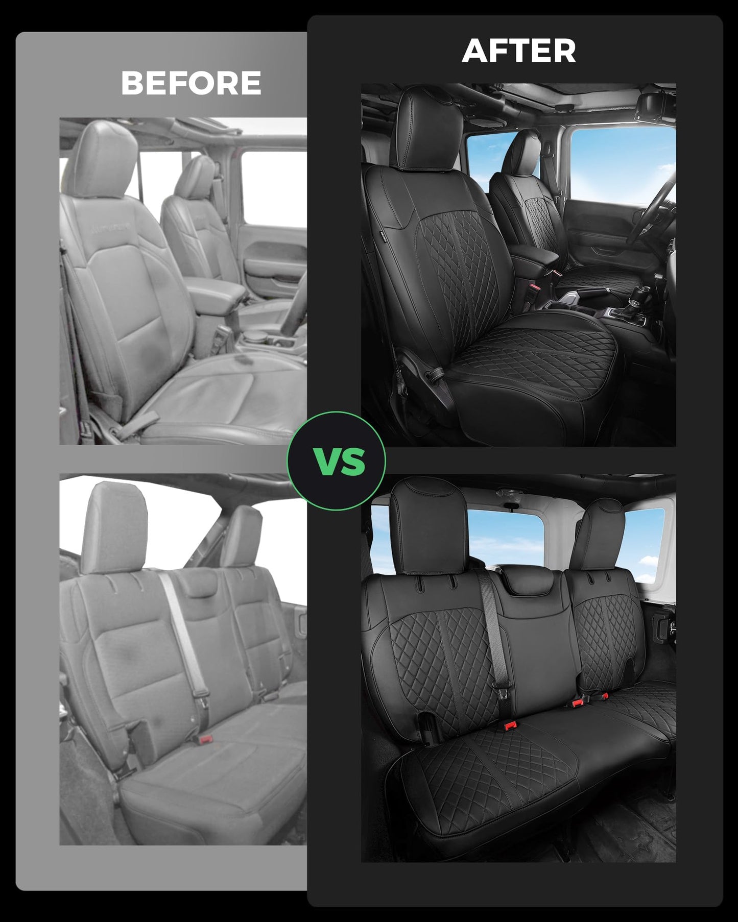 RIDEPOSH for Jeep Wrangler Seat Covers 4Door JL 2018 2019 2020 2021 2022 2023 2024 2025 2026, Custom Fit Car Seat Cover Full Set, Luxury Waterproof Leather Seat Protectors, Black, W/O Rear Cup Holder