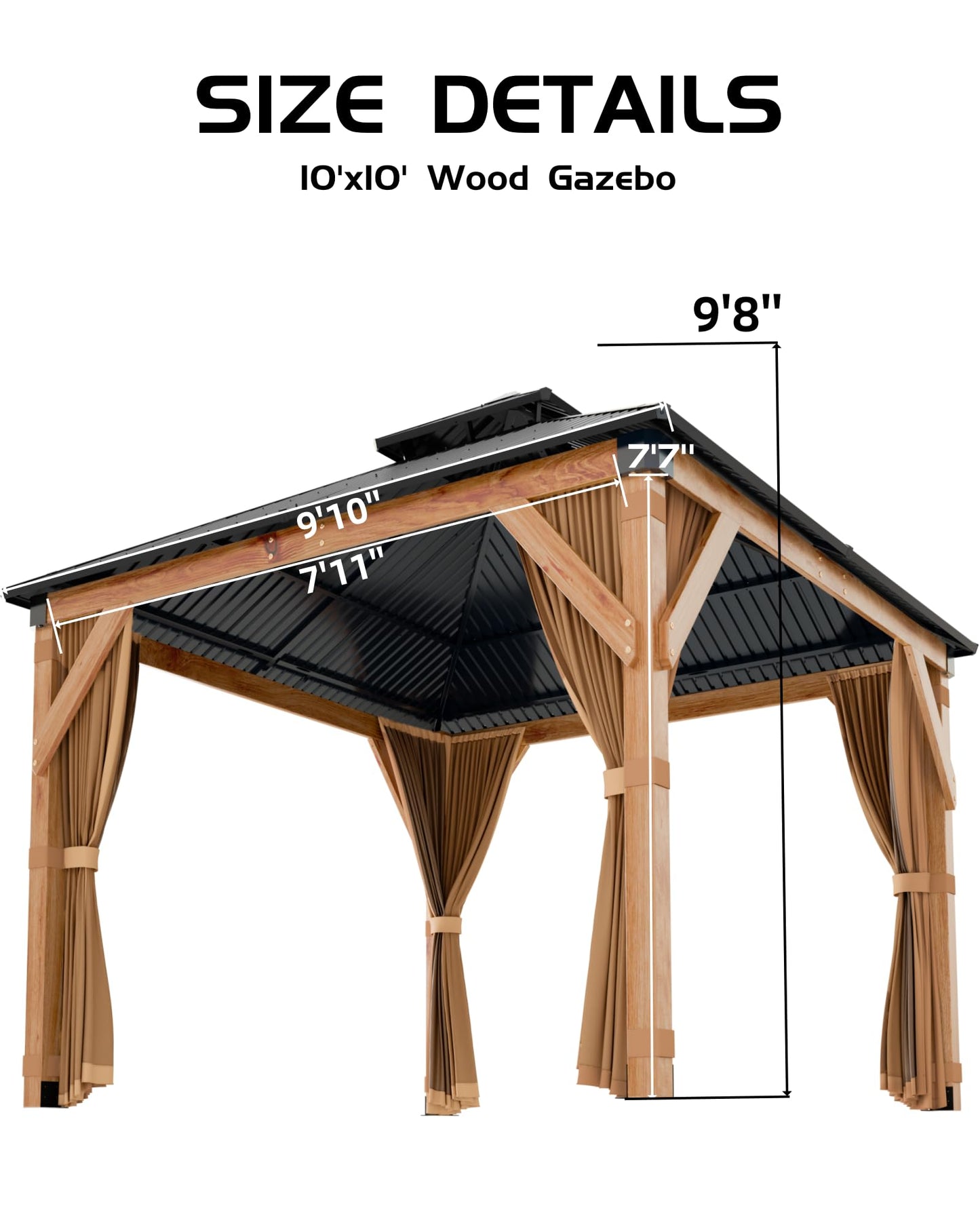 10x12 FT Hardtop Wooden Gazebo with Galvanized Steel Double Roof, Aluminum Frame, Mosquito Netting & Curtains – Durable Outdoor Pavilion for Patio, Backyard, Deck & Lawn