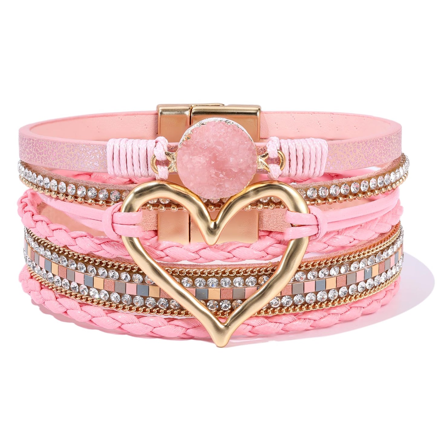 Becklynn Boho Leather Wrap Bracelets Beaded Crystal Stackable Cuff Bracelet with Magnetic Clasp Cowboy Cowgirl County Concert Outfits Western Jewelry Gifts for Women(Heart Pink)
