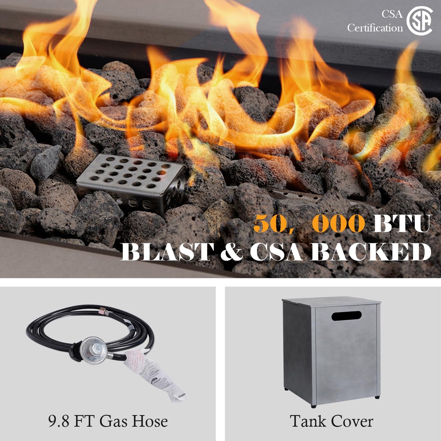 48'' Propane Fire Pit Table, 50,000BTU Rectangle Firepit Table, 3-in-1 Outdoor Fire Table with Tank Hidden Table for Outside Patio, Backyard, Grey