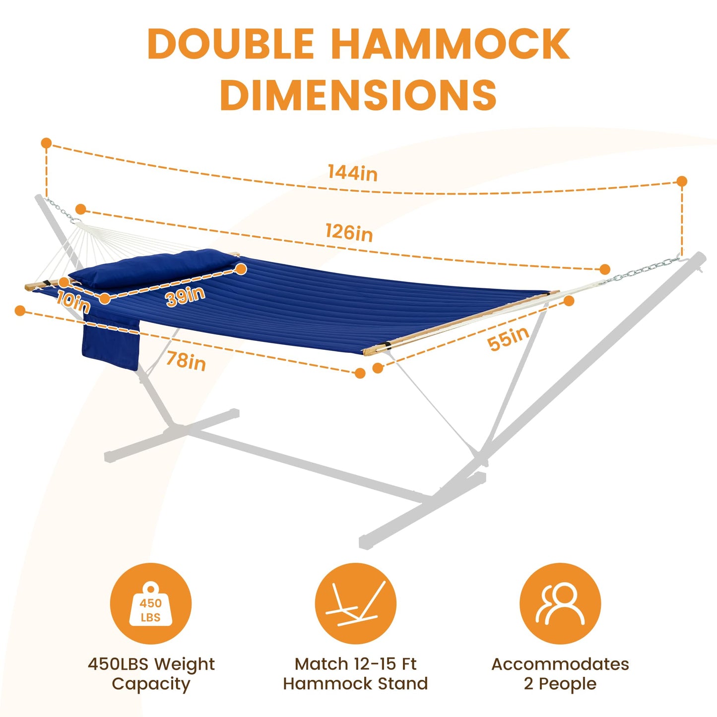 Lazy Daze Hammocks 2 Person Double Quilted Fabric Hammock with Spreader Bar, Detachable Pillow, Side Pocket, Carabiners, Chains, Straps for Outdoor, 450lbs Capacity, Navy Blue