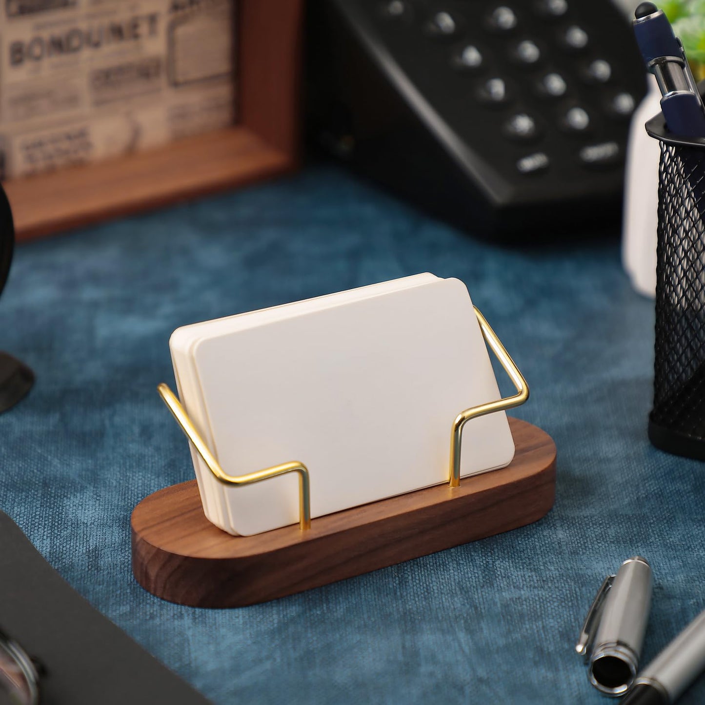 Amyhill 2 Pcs Wood Business Card Holder for Desk Wooden Business Card Display Stand Postcard Organizer for Office Home Desktop(Brown)