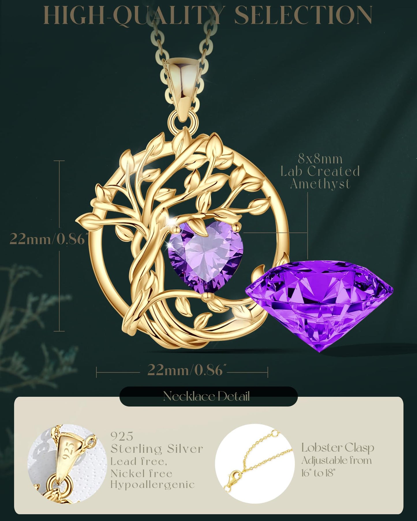FANCIME Tree of life Birthstone necklace Sterling Silver Yellow Gold Plated Amethyst Pendant February Birthstone Purple Gemstone Jewelry Birthday Mothers Day Gifts for Wife Women Her