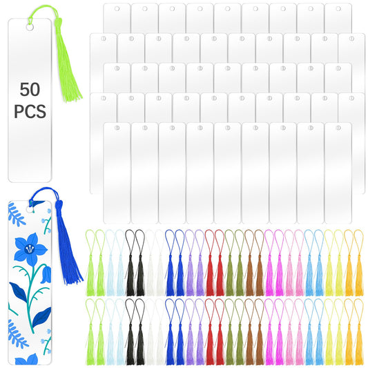 50 Pcs Clear Acrylic Bookmarks Blanks Rectangle, Plastic Book Page Markers Transparent Acrylic Bookmark Blank Bulk with 50 Pcs Book Mark Tassels for DIY Crafting Projects and Gift Tags