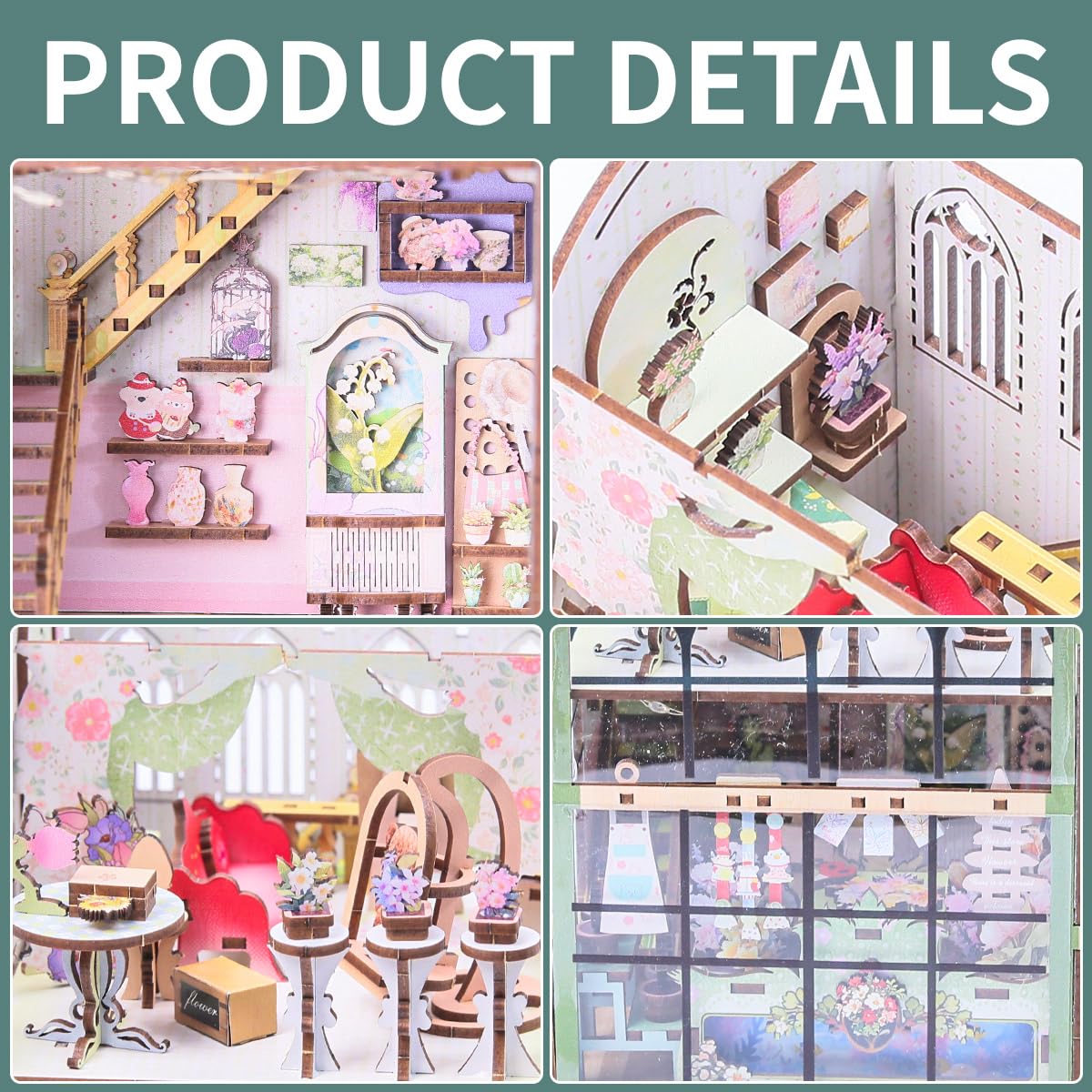 Miniature Flower House Kit - Bookshelf Decor 3D Wooden Puzzle, DIY Flower Dollhouse Booknook Making Kits with Furniture for Adults and Teenagers