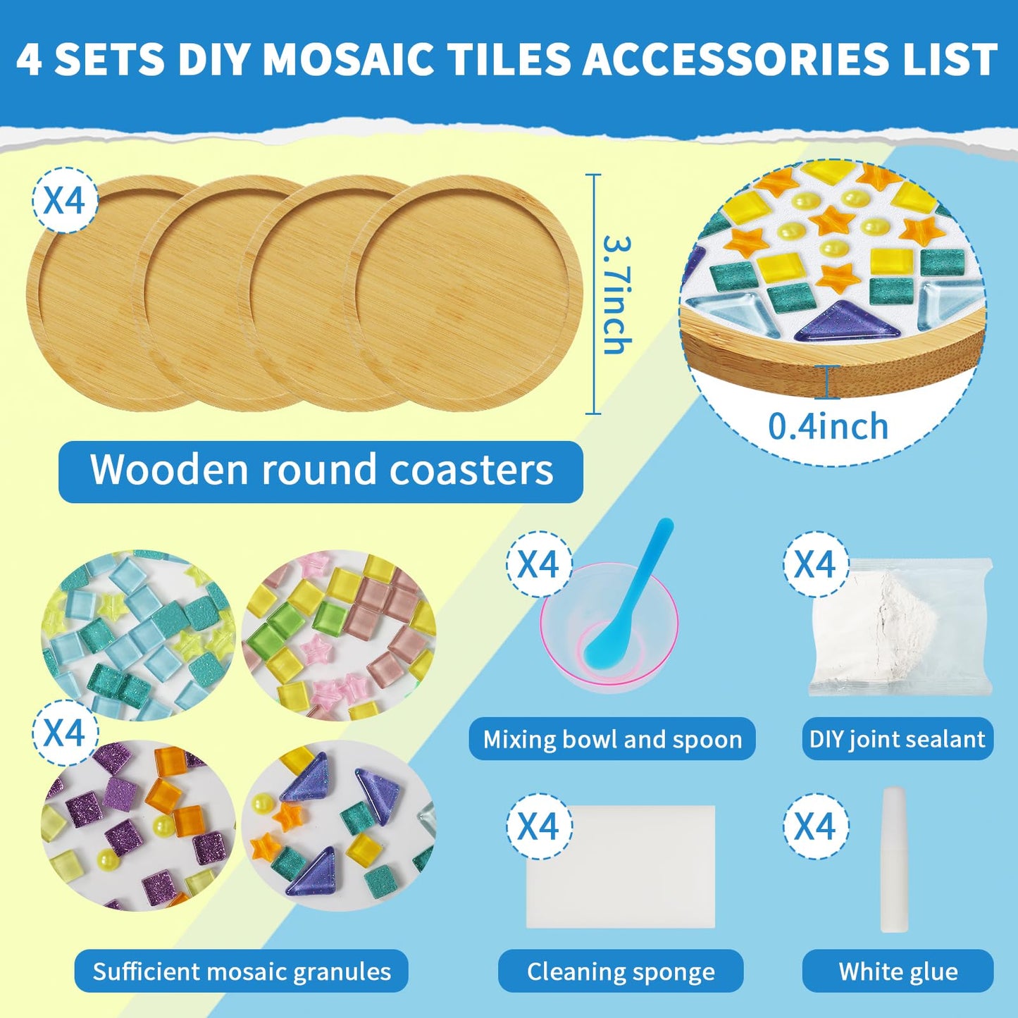 Tumwisk Mosaic Tiles, 4 Sets DIY Glass Mosaic Tiles for Crafts,4 Styles of DIY Mosaic Coaster Kit Material Package for Adults Handmade Home Table Desk Decoration Housewarming Present