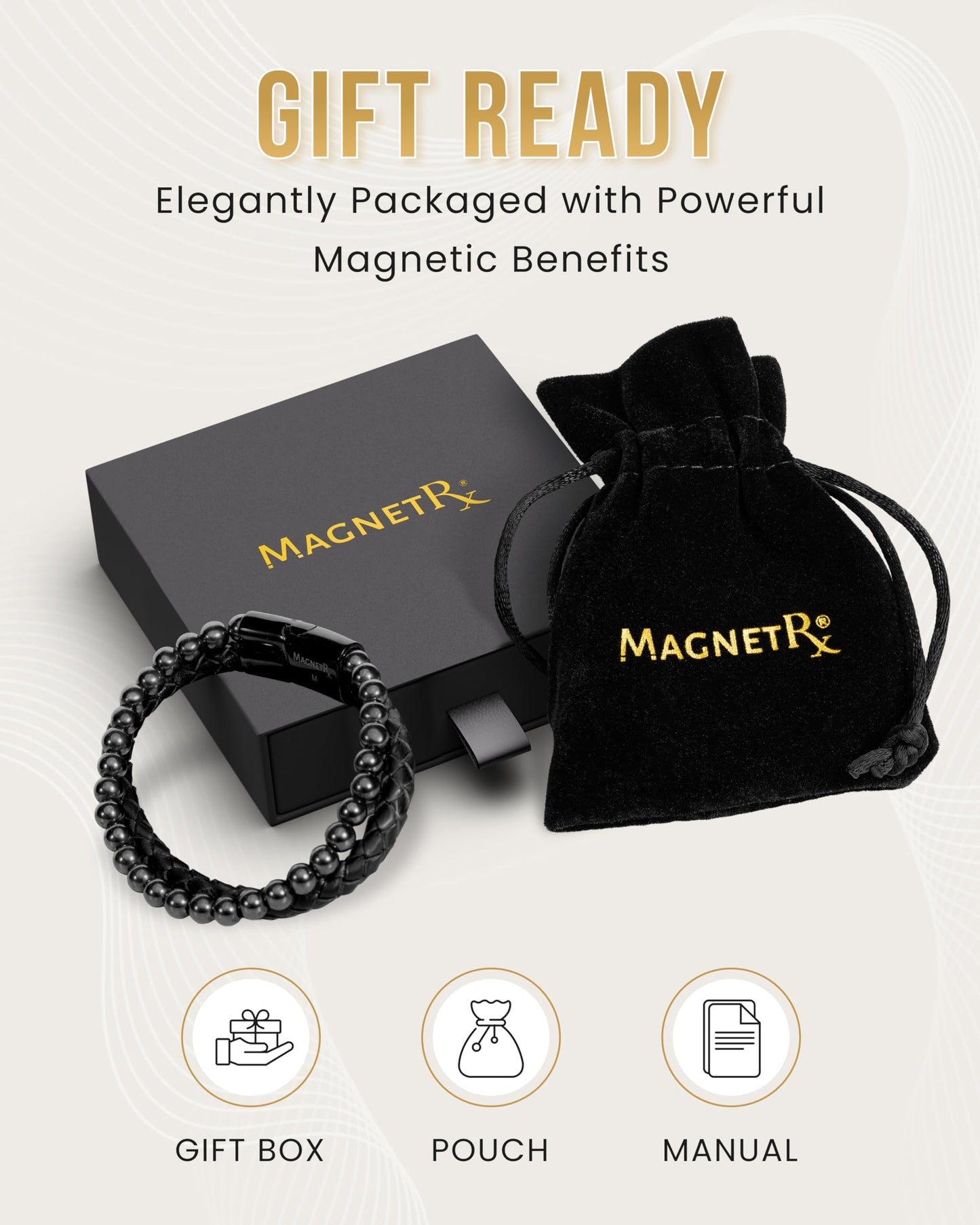 MagnetRX® Hematite & Leather Bracelet – Max Strength Magnetic Stone Beaded Bracelets for Men (Large)