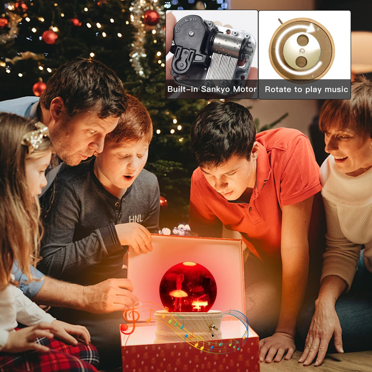 Music Box, 3D Crystal Ball Music Box with RGB Light Projection, 360 Rotating Wooden Base Night Light, Best Gift for Valentine's Day Birthday Girls Boys Women Mom, Room Decor