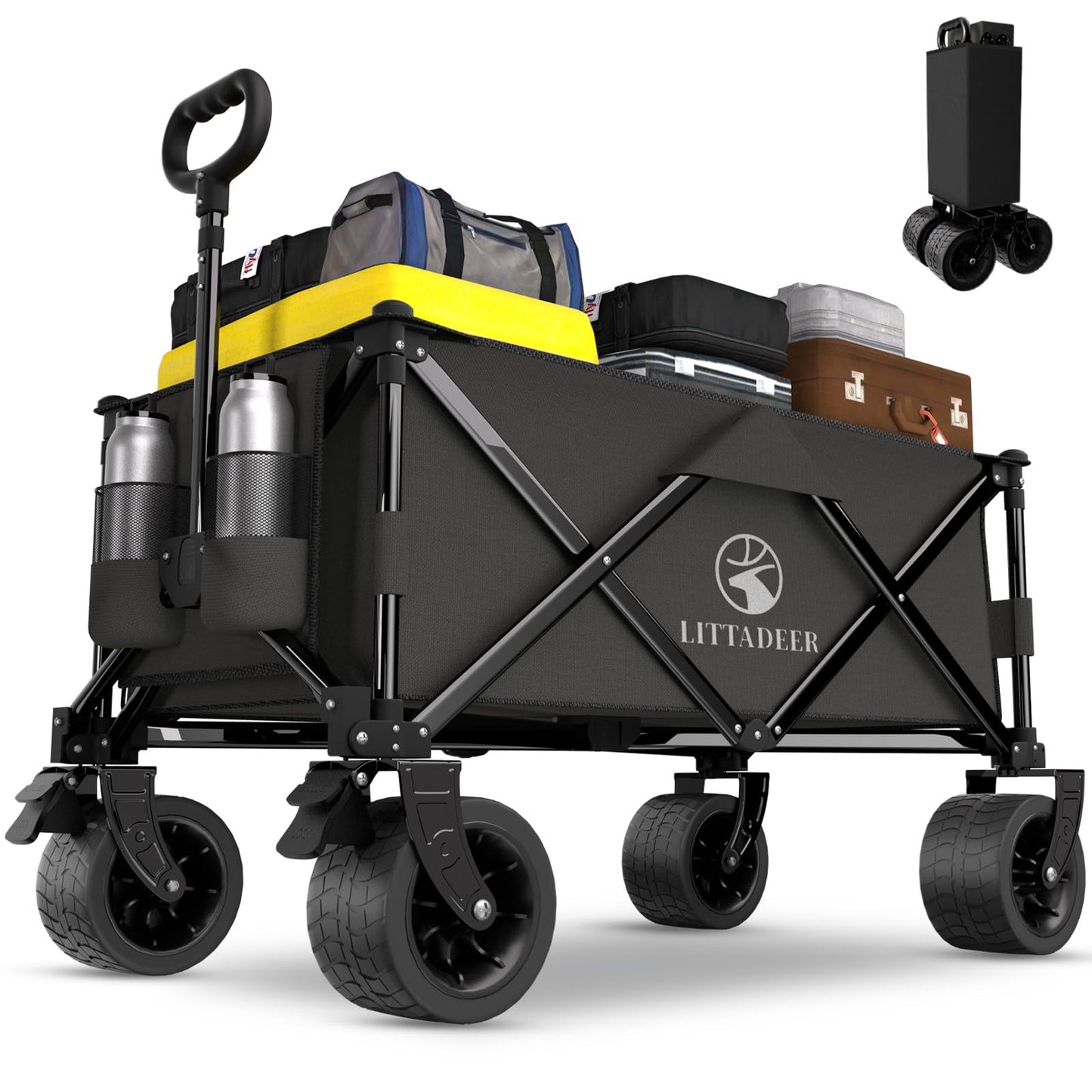 Littadeer Wagons carts Foldable with Silent All-Terrain Wheels, Collapsible Heavy Duty Beach Wagon with Cup Holders and Brakes, Large Foldable Wagon for Camping,Garden,Shopping,Sports Black