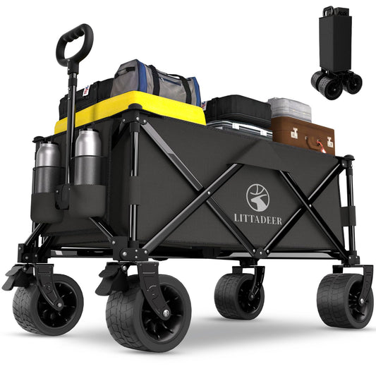 Littadeer Wagons carts Foldable with Silent All-Terrain Wheels, Collapsible Heavy Duty Beach Wagon with Cup Holders and Brakes, Large Foldable Wagon for Camping,Garden,Shopping,Sports Black