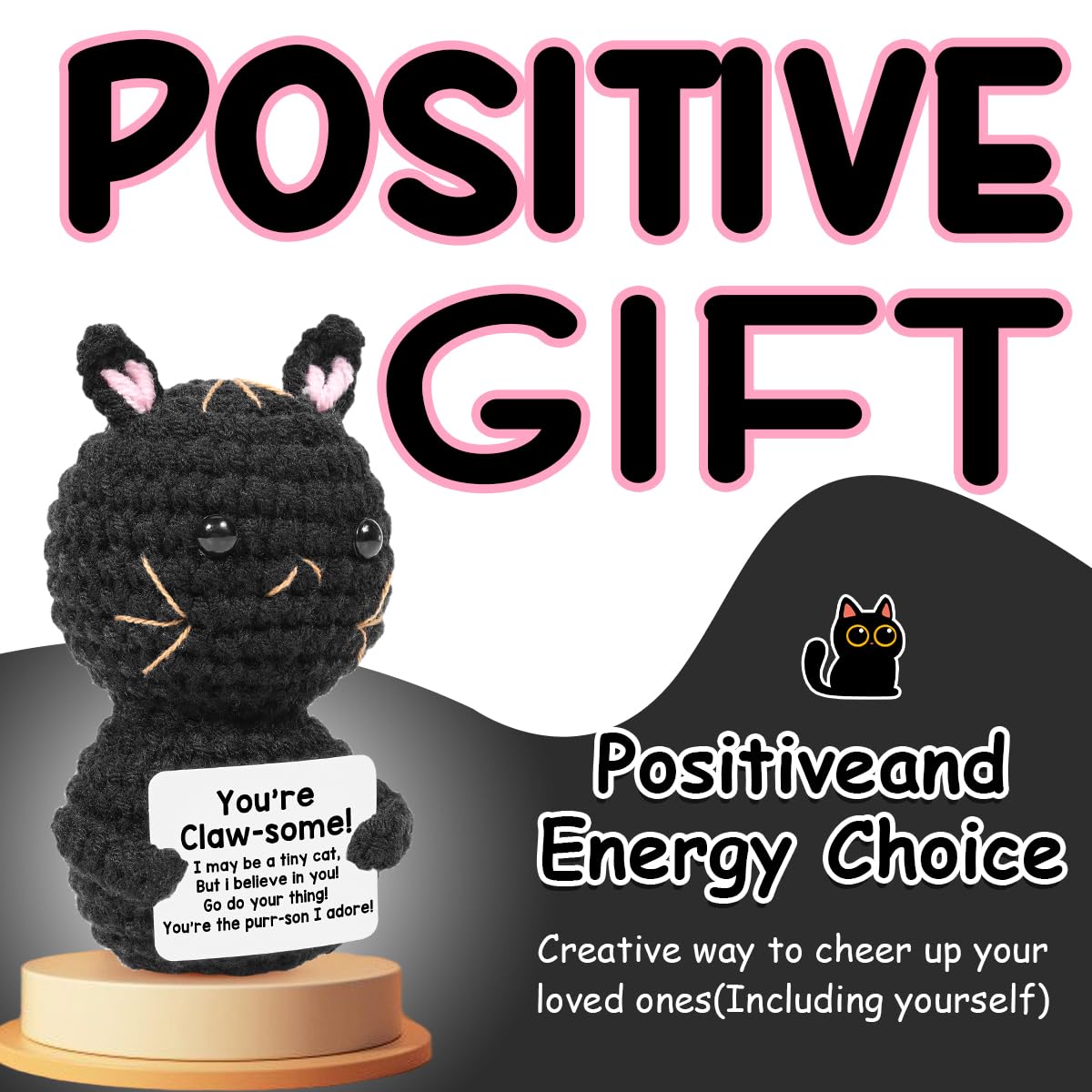 AICase Positive Black Cat Crochet Animals Emotional Support Nuggets Inspirational Knitted Unique Small Decorations Birthday Gifts for Women Men Her Him Sister Mom Dad Girls Boys Fans