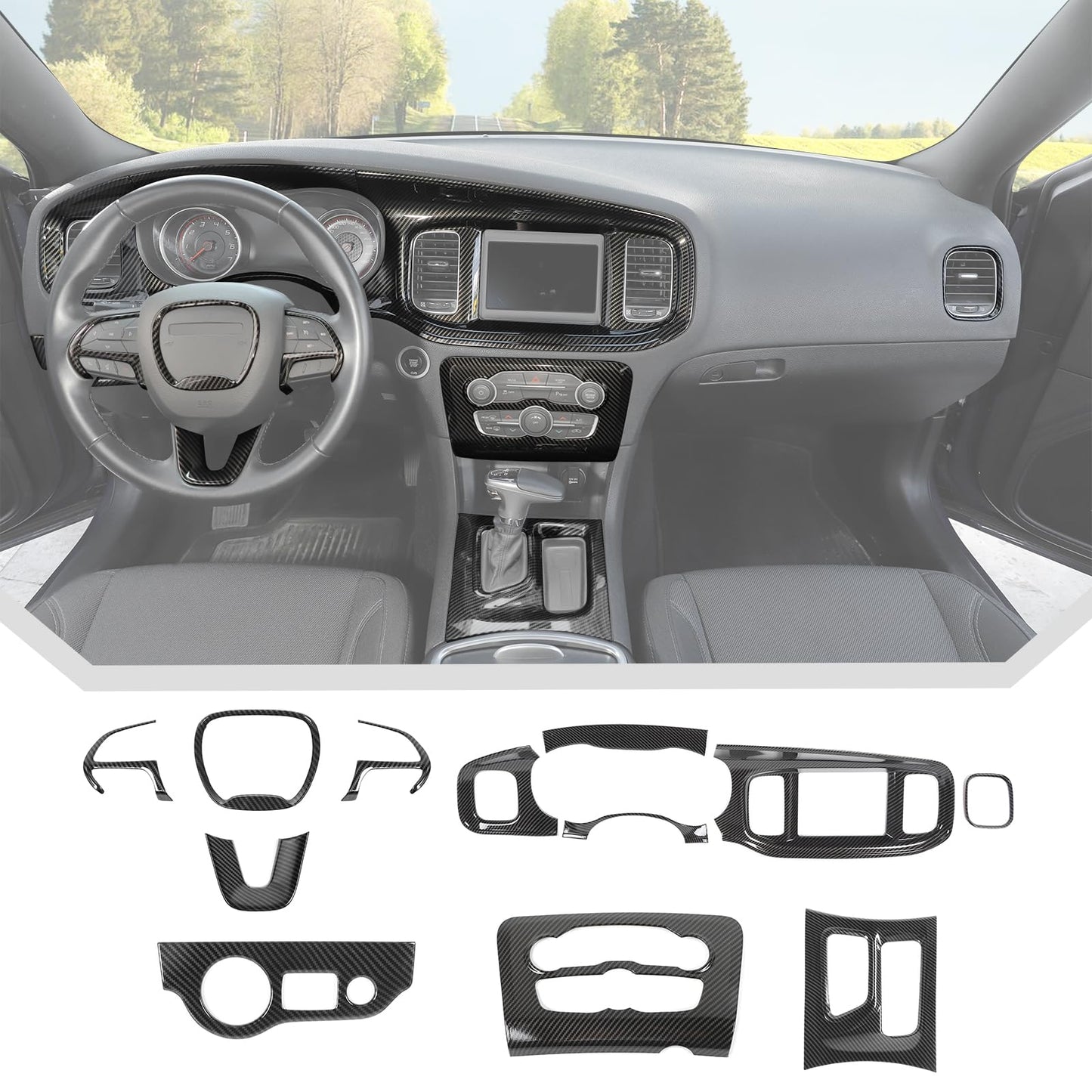 JeCar 12pcs Carbon Fiber Interior Trim Kit Fit for 2015-2023 Dodge Charger Interior Accessories