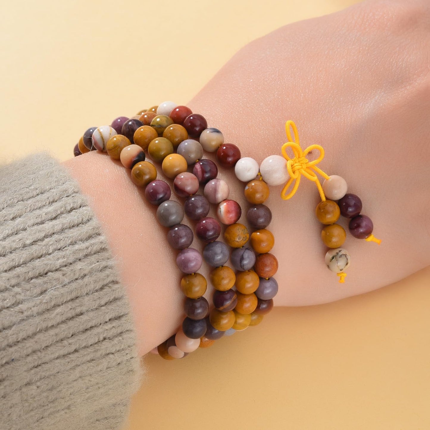 108 Mala Prayer Beads Bracelet 6mm Genuine Gemstone Healing Crystal Stone Beaded Bracelet Buddhist Tibetan Handmade Knotted Elastic Necklace for Yoga Meditation Unisex Women Men - Mookaite Jasper