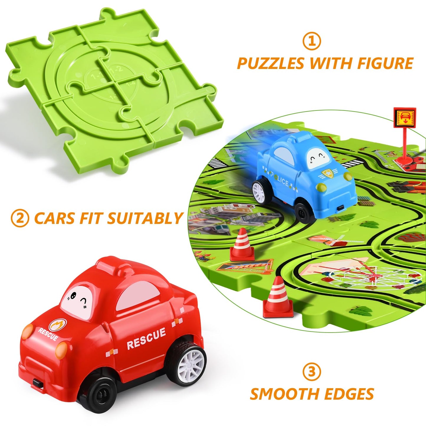 48 PCS Puzzle Race Track Car Set: Toddlers Kids Boys Girls Toys & Gifts for 3 4 5 6 Year Old | Puzzle Tracks Car Toys | with 2 Small Cars Toy and Roadblocks | Play & Learn Toy | Kid for Ages 3-5 4-6