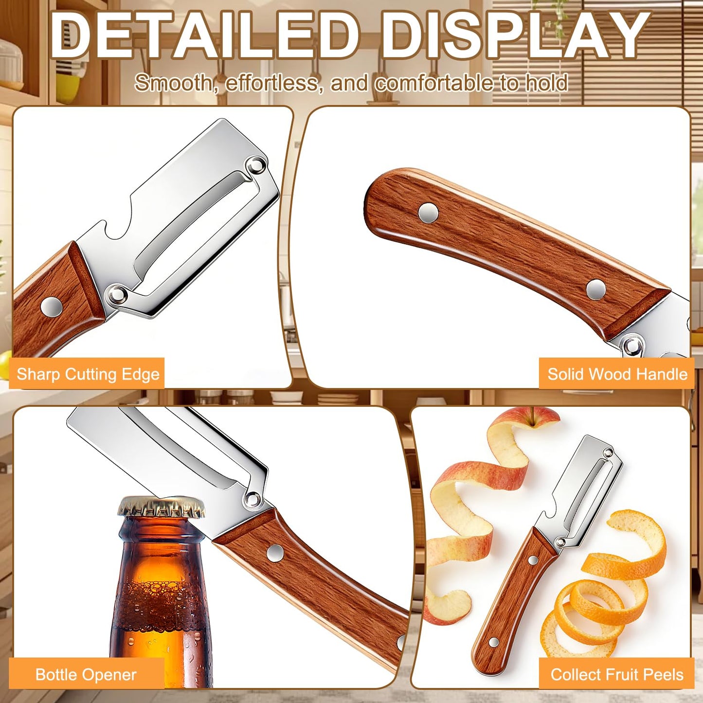 2pcs 2026 Upgrade Premium Vegetable Peeler with Wooden Handle and Bottle Opener, Multifunctional 3-in-1 Stainless Steel Kitchen Tool for Fruit Apple Potato Pumpkin Papaya