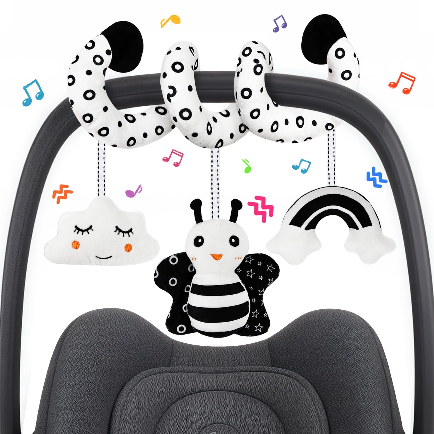 Car Seat Toy,Stroller Toys,Car Seat Toys for Babies 0-6 months Boy Girl,Spiral Hanging Stroller Black and White High Contrast Sensory Toy Newborn Plush Activity Toys Thank You Gifts for 0 3 6 9 Months