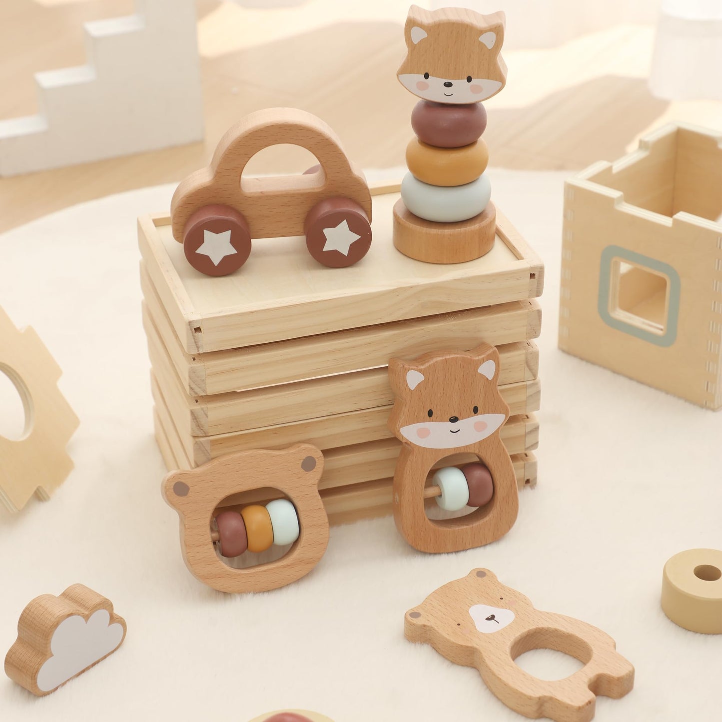 Freniland Wooden Montessori Toys, 5-Piece Wooden Baby Toys, Bear Baby Rattle, Fox Stacking Ring, Car Push and Pull Toys, Bear Grasping Toys,Newborn Baby Gift Sets for Boys and Girls