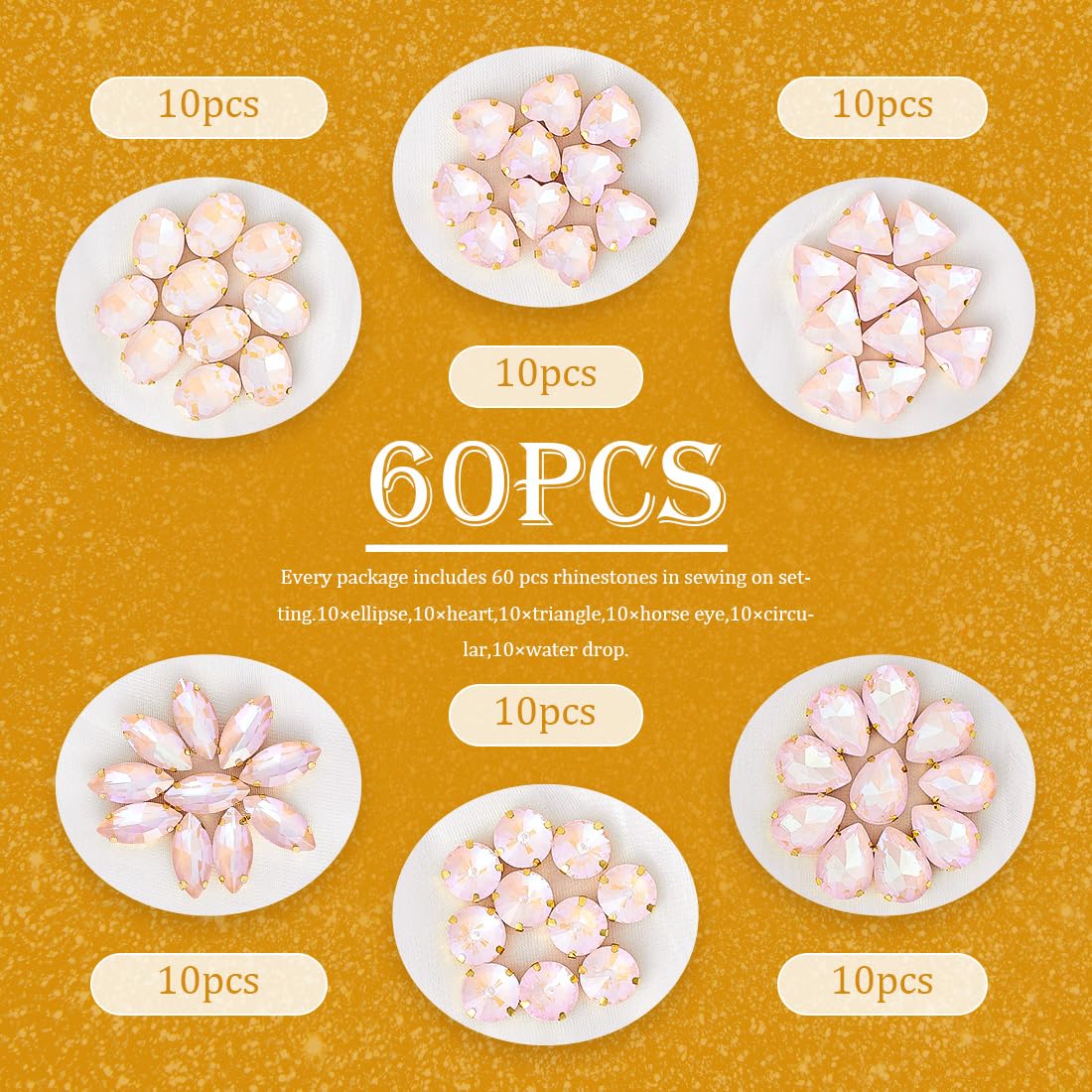 TANOSII Sew on Rhinestones 60 PCS Mixed Shapes Glass Rhinestones Sew on Crystal Gems Mental Flatback with Golden Claw for Jewelry Crafts Clothes Shoes Costume Garment Pink