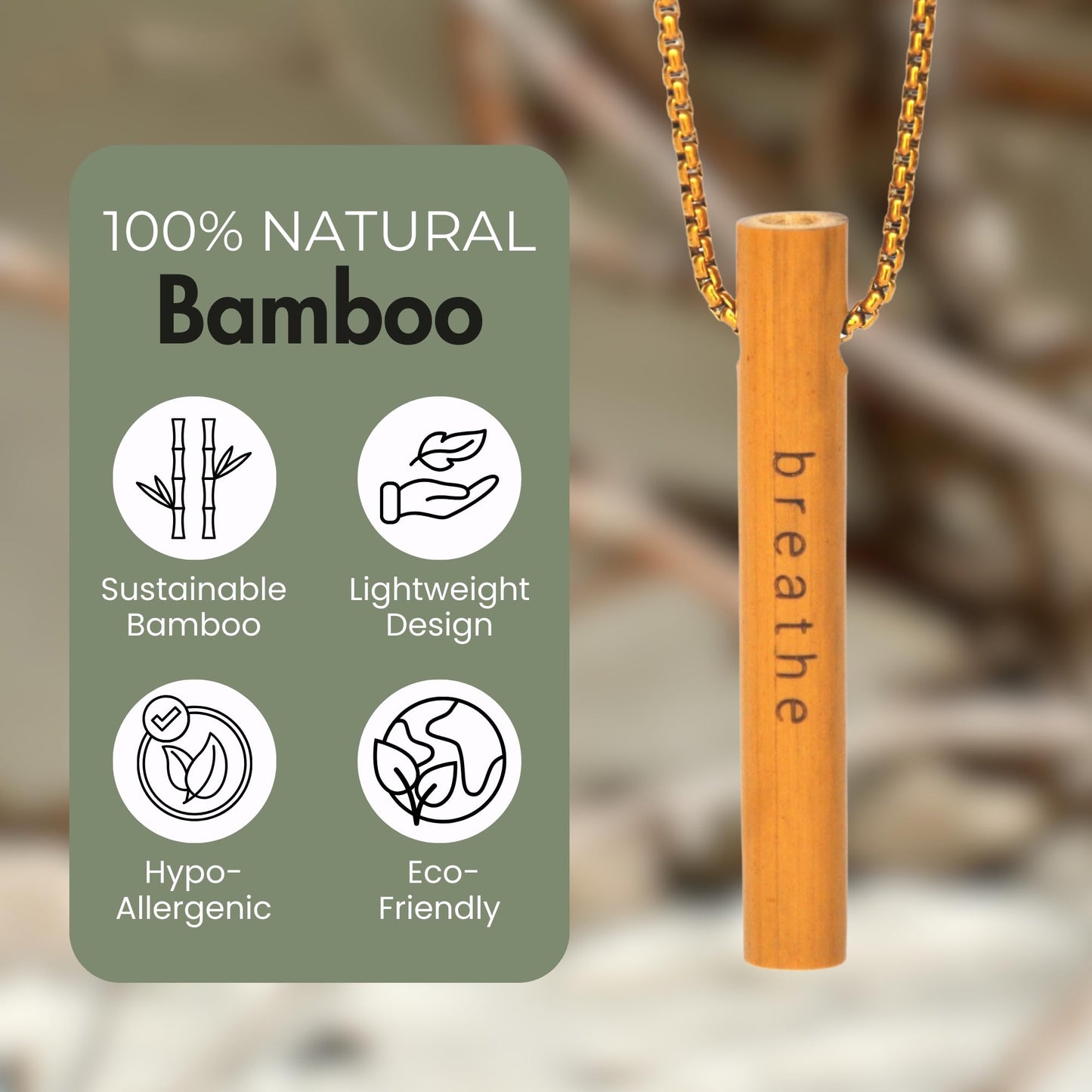 MyCalmAir Bamboo Breathing Necklace for Meditation, Mindfulness Tool, Stress Reducer, Eco-Friendly Breathe Pendant, Portable Relaxation Gift for Men & Women (Silver)