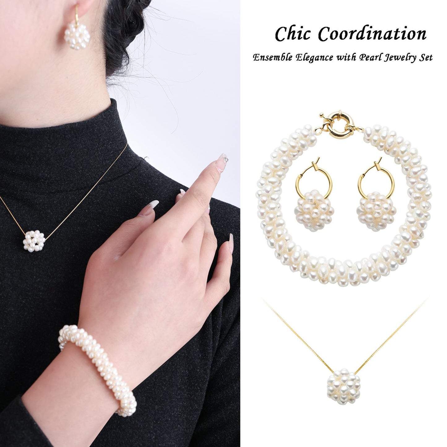Real Pearl Jewelry Gift for Women, Jewelry Set of Pearl Earrings, Necklace, Bracelet, Western Fine Jewelry for Women