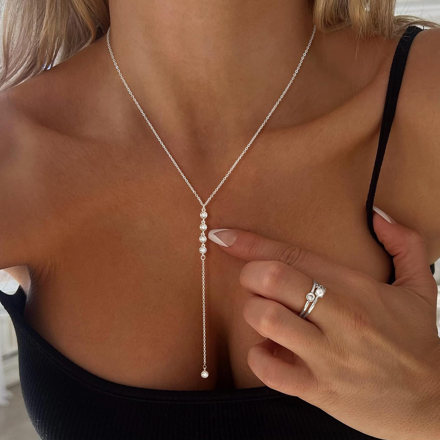 Zeffy Long Silver Necklace for Women - Dainty Silver Teardrop Drop Lariat Necklace Trendy Simple CZ Y-Shaped Body Chain Wedding Prom Dangle Statement Necklace Jewelry Gifts