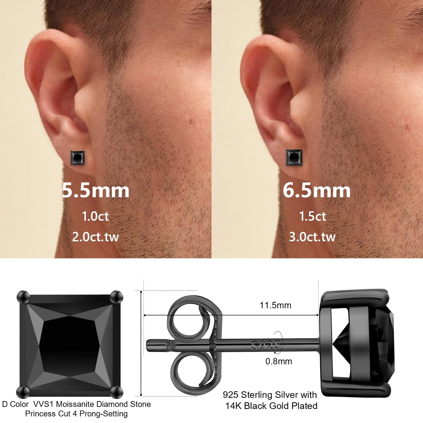 KRKC Black Moissanite Stud Earrings for Men, D Color VVS1 Clarity, Lab Created Diamond Earrings, Vermeil 925 Sterling Silver Hypoallergenic 14K Black Gold Friction Back Earrings Jewelry for Men Women Gift