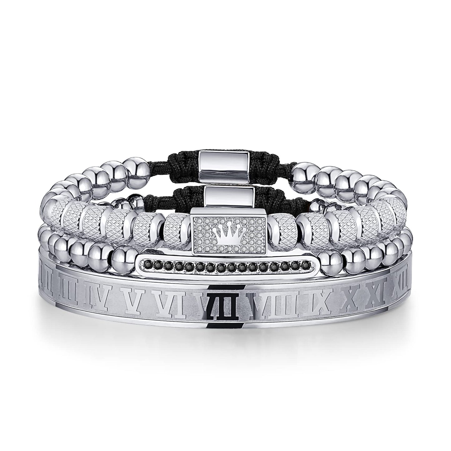WFYOU 3PCS Stainless Steel Bracelets for Men Gold Roman Numeral Bangle Bracelet Twisted Cable Bracelet Adjustable Cuff Bracelet Mens Luxury Jewelry Bracelets Gifts(H:Silver)