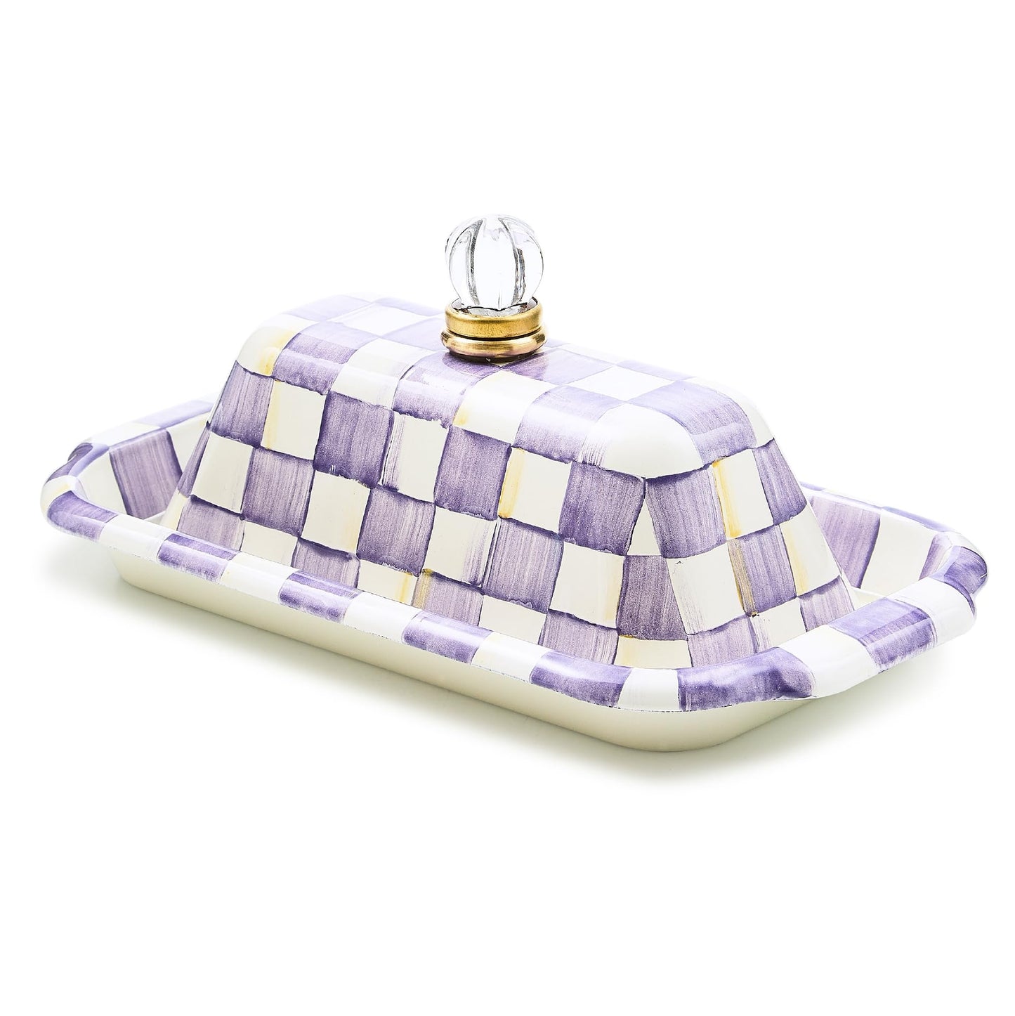 MACKENZIE-CHILDS Enamel Butter Box, Cute Enamel Butter Dish, Purple-and-White Violet Check