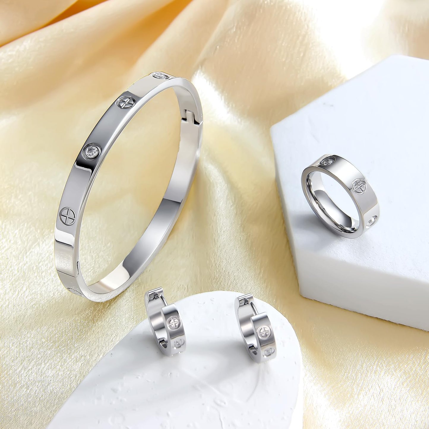 3 Pcs Hoop Earrings Bracelets Ring Sets for Women-Silver Love Bracelet CZ Cuff Bangle Hoop Earrings Friendship Love Ring Jewelry Set,Wedding Party Christmas Valentine's Day Birthday Gifts for Her