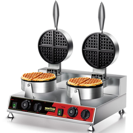 WantJoin Commercial Waffle Maker – Double-Head 360° Heating Waffle Irons, 122°F–482°F, Easy Operation, Non-Stick Plates & Stainless Steel Body, Ideal for Dessert Shops, Catering, 2500W