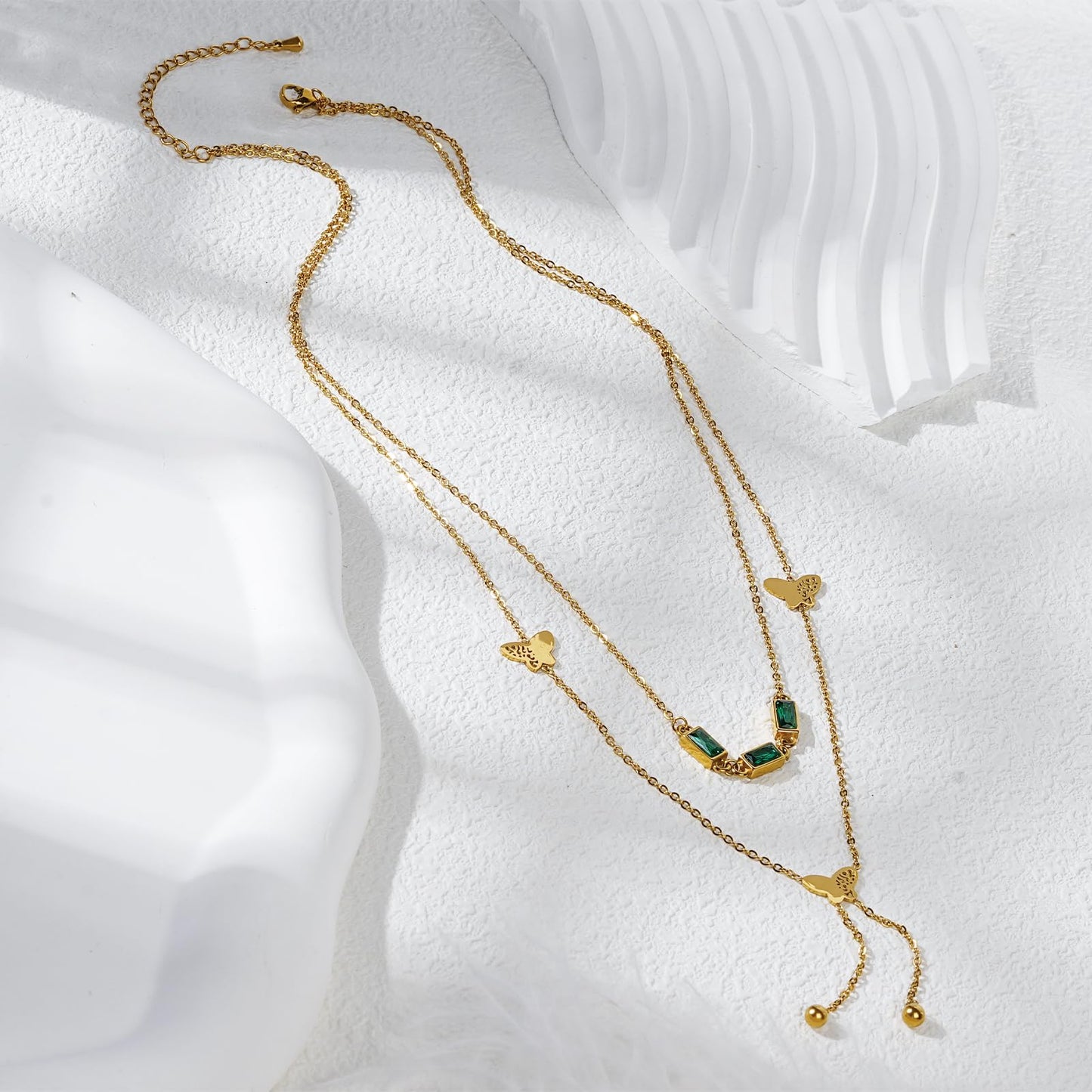 TaYolnFaSo 18K Gold Plated Double Layered Y Lariat Necklace Emerald Cut Green CZ Choker Butterflies Lariat Necklace Christmas Jewelry Gift for Women