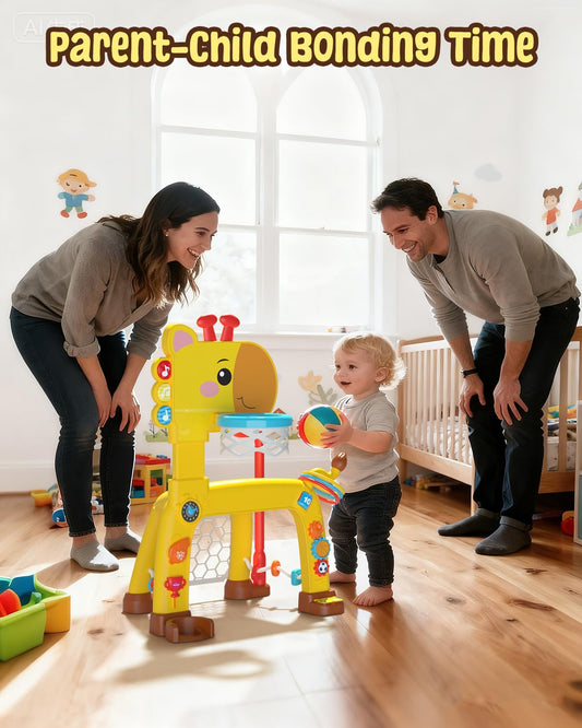4-IN-1 Toddler Golf Ring Toss Basketball Hoop & Soccer Goal Sport Toys for 1-3 Year Olds, Baby Activity Center with Lights Bilingual Music & Vol Ctrl Gift for Boys Girls(H 24.4"-27.5") (Yellow)