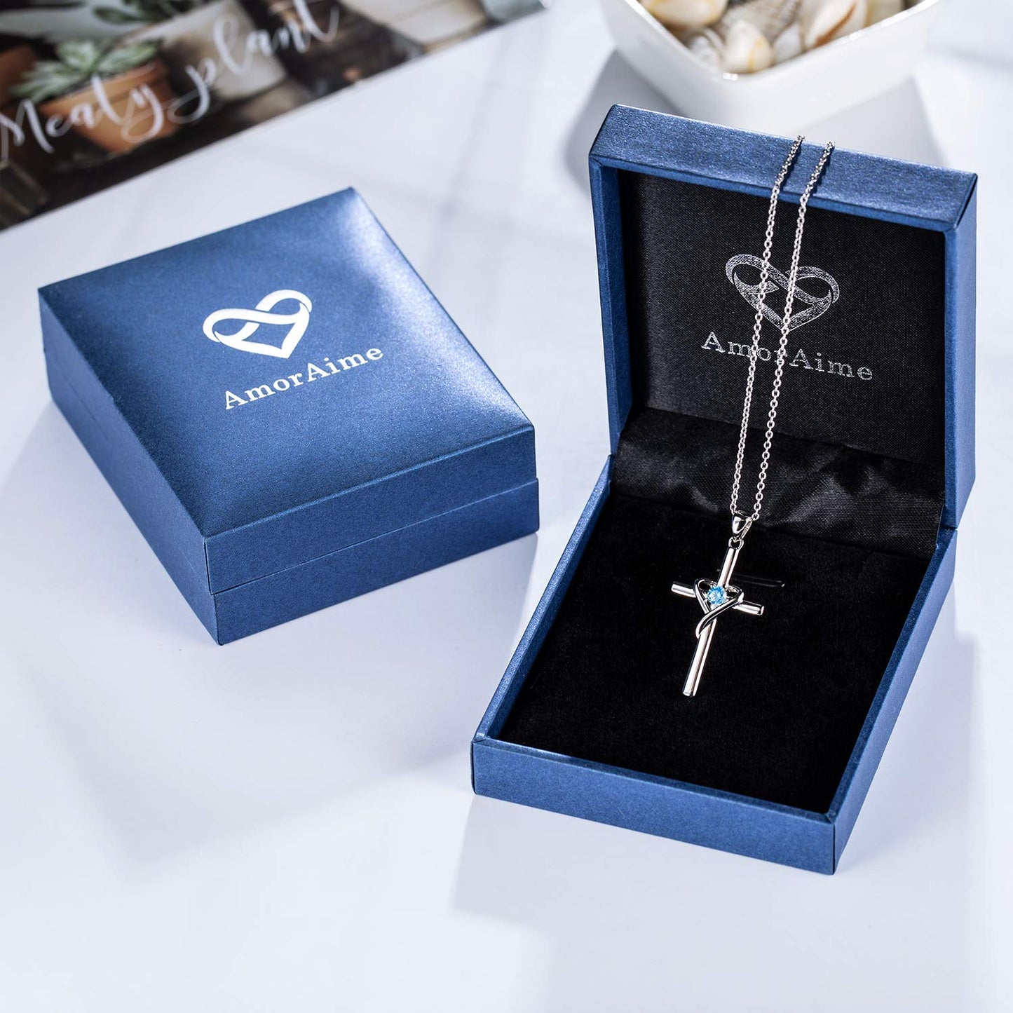 AmorAime 925 Sterling Silver Cross Necklace for Women Men 14K Gold Plated 5A CZ Birthstone Necklaces for Holiday (L.Blue-December-Blue Topaz)