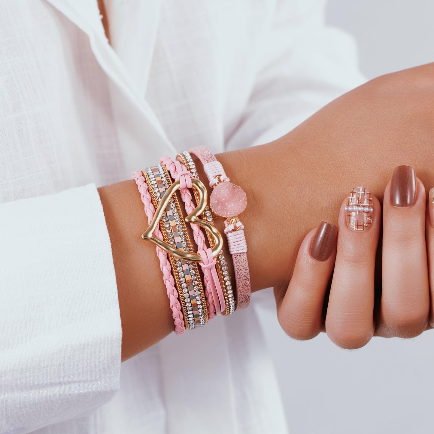 Becklynn Boho Leather Wrap Bracelets Beaded Crystal Stackable Cuff Bracelet with Magnetic Clasp Cowboy Cowgirl County Concert Outfits Western Jewelry Gifts for Women(Heart Pink)