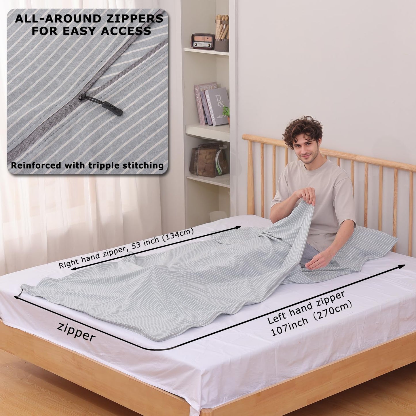 Exermil 100% Cotton Sleeping Bag Liner with Full Length Zipper on 3 Sides; Single/Double Adult Sleep Sack for Travel & Camping, Multifunctional Travel Sheets (Unzipped 87”x87”) for Hotel, Lightweight