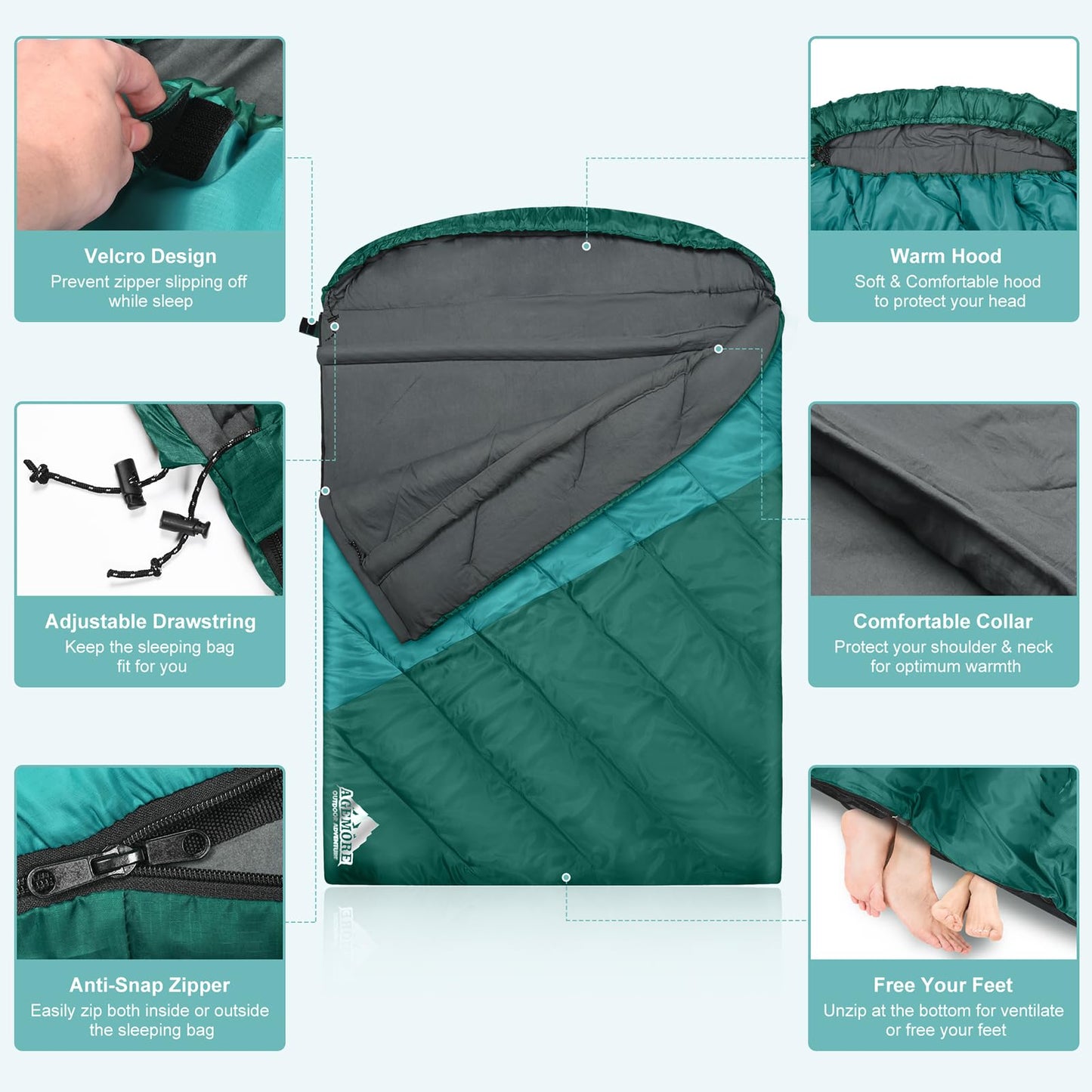 AGEMORE Double Sleeping Bag for Adults, Lightweight Queen Size 2 Person Sleeping Bag with Draft Tubes & Hood, Fit for Warm & Cold Weather Camping Hiking Backpacking Or Traveling