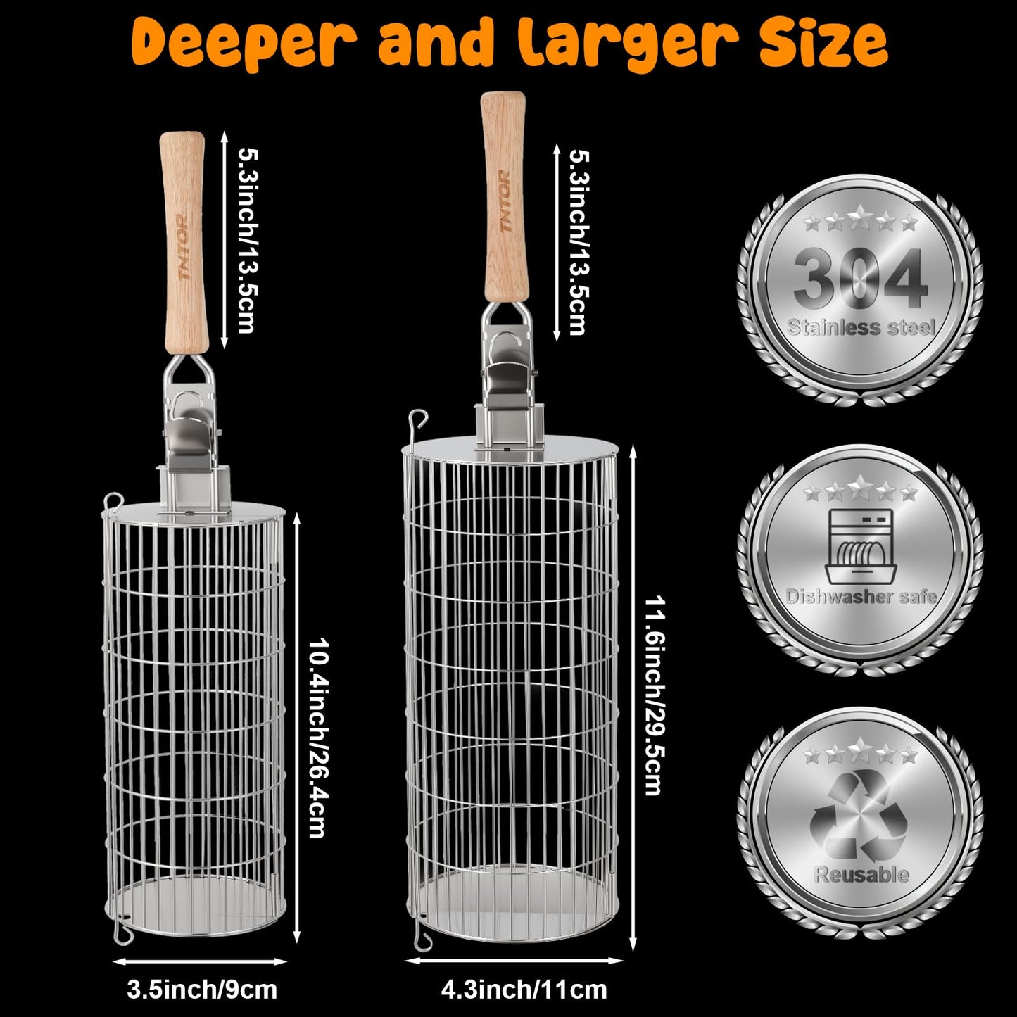 TNTOR Rolling Grill Basket, Larger 304 Stainless Steel Nesting Grilling Net, Removable Handle, BBQ Accessories Tools for Veg Shrimp, Outdoor Cooking Camping grilling gifts for men Dad Husband