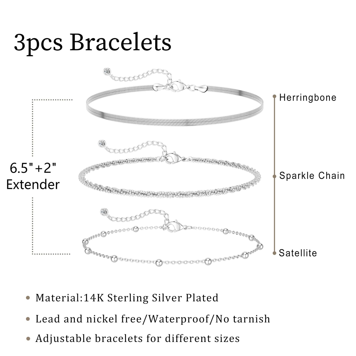 DEARMAY Dainty Silver Plated Bracelets for Women Trendy, Silver Jewelry Set Paperclip Box Herringbone Figaro Rope Chain Bracelet for Women Fashion Pack Gifts