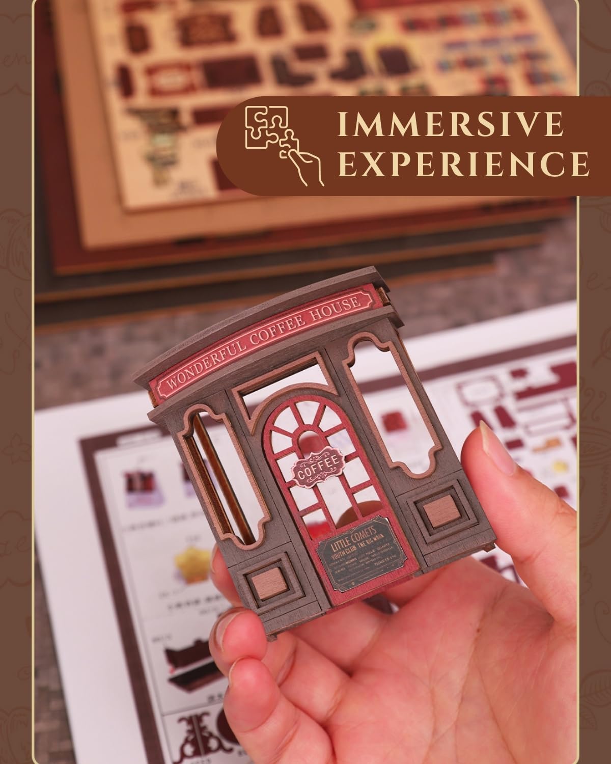 Jorivel Letter Coffee DIY Miniature House Kit with LED Light - Assembled Dollhouse Kit for Shelf Decor - Wood 3D Puzzles Tiny House Book Nook - Creative Gift for Adults at Christmas Halloween Birthday